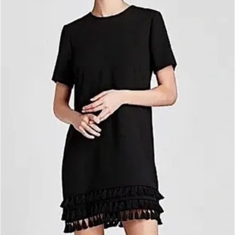 Zara Black Fringe Pom Pom Shift Mini Dress Size Small
